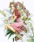  1girl aerith_gainsborough bracelet brown_hair cropped_jacket dress expressionless final_fantasy final_fantasy_vii flower green_eyes hair_ribbon highres jewelry lily_(flower) long_hair pink_dress pipi-mama ponytail ribbon shoes solo 