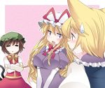  3girls animal_ears blonde_hair blush breasts brown_hair cat_ears cat_tail chen choker commentary_request crossed_arms elbow_gloves fox_ears gloves hammer_(sunset_beach) jewelry large_breasts long_hair multiple_girls multiple_tails open_mouth ribbon_choker single_earring sweatdrop tail touhou v_arms violet_eyes white_gloves yakumo_ran yakumo_yukari yellow_eyes 