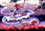  1girl belt cloudy_sky dress flower from_behind hair_bobbles hair_ornament hitodama light_particles long_hair onozuka_komachi petals puffy_short_sleeves puffy_sleeves redhead scythe short_sleeves spider_lily touhou twintails wind xue_jiang 