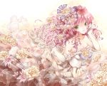  1girl curly_hair dress flower gloves green_eyes hair_ribbon kasumi_miruchi original pink_hair ribbon smile solo 