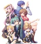  2boys 4girls arm_support arm_up blonde_hair blue_eyes blue_hair boots breasts brown_eyes brown_hair chin_rest choker cleavage detached_sleeves green_eyes green_hair hair_ornament hair_ribbon hairclip hatsune_miku headphones highres imo_bouya kagamine_len kagamine_rin kaito knee_boots long_hair megurine_luka meiko midriff multiple_boys multiple_girls necktie open_mouth pink_hair ribbon sailor_collar scarf shorts sitting thigh-highs twintails very_long_hair vocaloid white_background 
