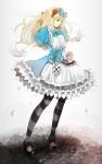  alice_(wonderland) alice_in_wonderland bow dress flower gloves green_eyes hair_bow hair_flower hair_ornament highres long_hair nana27 outstretched_arms rose shoes spread_arms striped striped_legwear 