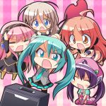  5girls ahoge aria. arms_up blue_eyes brown_hair chibi closed_eyes detached_sleeves gloves green_eyes green_hair hat hatsune_miku ia_(vocaloid) long_hair megurine_luka multiple_girls necktie open_mouth pink_hair purple_hair redhead sf-a2_miki skirt striped striped_background thigh-highs tone_rion twintails very_long_hair vocaloid 
