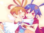  1boy 1girl angel_wings anger_vein antenna_hair blonde_hair blush brother_and_sister clenched_teeth closed_eyes detached_sleeves disgaea disgaea_d2 fingerless_gloves gloves hug laharl pointy_ears red_eyes scarf short_hair siblings sicily slit_pupils tsuyuka_(sunny_spot) wings 
