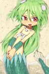  1girl absurdres fish_tail green_hair hayake_(chenran) highres jewelry long_hair mermaid monster_girl muromi-san namiuchigiwa_no_muromi-san necklace red_eyes scales seashell shell smile solo twintails 