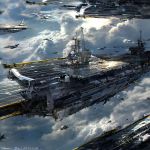  2013 aircraft_carrier airplane artist_name clouds condensation_trail dated f-15 f-18 fighter_jet highres jet johnson_ting mig-31 original signature sky sunlight 