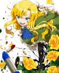 1girl ascot blonde_hair blue_eyes dress flower gom_(g_0) ib laughing long_hair mary_(ib) open_mouth palette_knife rose solo 