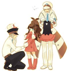  2boys age_difference blue_eyes brown_hair gloves hat height_difference hikari_(pokemon) hikari_(pokemon)_(cosplay) kudari_(pokemon) long_hair multiple_boys necktie nobori_(pokemon) oekaki peaked_cap pokemon pokemon_(game) pokemon_bw pokemon_dppt ponytail pu_(oekaki) touko_(pokemon) 