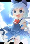  1girl akisha blue_eyes blue_hair blush bow cirno dress fang hair_bow ice ice_wings open_mouth short_hair smile solo touhou wings 