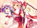  2girls ascot ayarin103 bat_wings blonde_hair blue_hair dress fang flandre_scarlet hat hat_ribbon hug hug_from_behind multiple_girls open_mouth pink_dress puffy_sleeves red_dress red_eyes remilia_scarlet ribbon sash short_sleeves siblings side_ponytail sisters touhou wings wrist_cuffs 