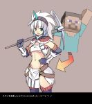  1boy 1girl breasts green_eyes hand_on_hip looking_at_viewer minecraft open_mouth pickaxe seo_tatsuya simple_background smile solo steve? translation_request 