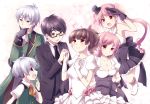  3boys 3girls blush breasts brown_hair cleavage dress glasses gloves holding_hands long_hair multiple_boys multiple_girls nya? open_mouth pink_hair short_hair silver_hair smile twintails 