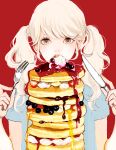  blonde_hair blueberry brown_eyes food fork fruit knife long_hair original pancake strawberry syrup twintails uma_(i-boh) whipped_cream 