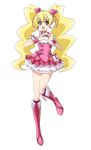  1girl :d blonde_hair boots choker corset cure_peach earrings fresh_precure! hair_ornament hairpin heart heart_hands jewelry long_hair magical_girl momozono_love nanashishi open_mouth pink_eyes precure simple_background skirt smile solo twintails white_background wink 