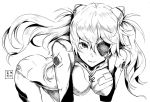  bent_over breasts crosshatching eudetenis eyepatch greyscale high_contrast lineart long_hair looking_at_viewer monochrome neon_genesis_evangelion plugsuit signature souryuu_asuka_langley twintails white_background 