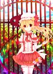  1girl absurdres adapted_costume arm_up blonde_hair blue_sky blurry bow clouds depth_of_field flandre_scarlet flower frown gate hat hat_ribbon highres laevatein looking_at_viewer mob_cap moseley open_hand outdoors pointy_ears puffy_short_sleeves puffy_sleeves red_eyes red_rose ribbon rose short_hair short_sleeves side_ponytail skirt skirt_set sky solo thigh-highs touhou wind wrist_cuffs yellow_rose 