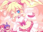  1boy 2girls angel angel_wings antenna_hair blonde_hair blue_eyes blue_hair blush bow demon_tail demon_wings disgaea disgaea_d2 earrings etna flonne heart jewelry laharl long_hair magical_girl multiple_girls navel open_mouth pointy_ears pure_flonne red_eyes redhead scarf short_hair smile tail tsuyuka_(sunny_spot) twintails v wings wink 