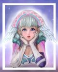  1girl blue_eyes fingerless_gloves gloves hat head_wings highres melia mtkm_m realistic silver_hair solo xenoblade 