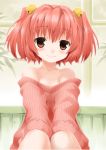  1girl akou_roushi alternate_costume bare_shoulders bell blush hair_bell hair_ornament jingle_bell looking_at_viewer motoori_kosuzu red_eyes redhead ribbed_sweater short_hair short_twintails sleeves_past_wrists smile solo sweater touhou twintails 