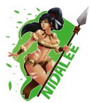  1girl bare_shoulders black_hair bodypaint bracer breasts character_name cleavage dark_skin earrings facial_mark forehead_mark fur_trim g138 green_eyes jewelry large_breasts league_of_legends loincloth long_hair navel necklace nidalee polearm ponytail scrunchie solo spear tribal tubetop weapon 