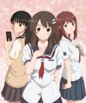  3girls amagami ayatsuji_tsukasa black_hair brown_eyes brown_hair hoshino_yuumi kimi_kiss long_hair multiple_girls niimi_haruka_(photokano) photokano ribbon school_uniform serafuku skirt smile sweater_vest toki_(artist) 