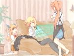  blonde_hair book brown_hair couch cup fate_testarossa heterochromia lamp long_hair lyrical_nanoha mahou_shoujo_lyrical_nanoha mahou_shoujo_lyrical_nanoha_strikers mahou_shoujo_lyrical_nanoha_vivid multiple_girls plant potted_plant side_ponytail sleeping takamachi_nanoha twintails vivio yu_okam1 