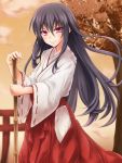  1girl anti_(untea9) black_hair blush broom clouds japanese_clothes long_hair looking_at_viewer miko original red_eyes sky smile solo torii tree 