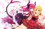  2girls ahoge blonde_hair blue_eyes claws detached_sleeves dress fate/extra fate/extra_ccc fate_(series) flower green_eyes horns lancer_(fate/extra_ccc) long_hair multiple_girls pink_hair pointy_ears ranpakranpakranpak saber_extra sundress tail two_side_up 
