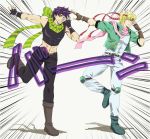  2boys black_hair blonde_hair blue_eyes boots bow caesar_anthonio_zeppeli dancing facial_mark fingerless_gloves gloves green_eyes green_jacket headband jacket jojo_no_kimyou_na_bouken joseph_joestar_(young) midriff multiple_boys posing saoyou scarf striped striped_scarf 