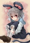  1girl animal_ears blush capelet dress grey_dress grey_hair leg_hug long_sleeves looking_at_viewer mouse_ears mouse_tail nazrin red_eyes sitting smile solo tail tongue tongue_out touhou yuya_(night_lily) 
