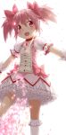  1girl backlighting blush bow dress frilled_dress frills gerisita gloves hair_bow highres kaname_madoka magical_girl mahou_shoujo_madoka_magica open_mouth outstretched_arms petals pink_eyes pink_hair short_hair short_twintails smile solo twintails white_background 