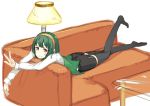  1girl brown_eyes couch glass glass_table green_hair hanarito headband idolmaster lamp leg_up looking_at_viewer lying miniskirt mole no_shoes on_stomach otonashi_kotori rough short_hair simple_background skirt smile solo table thigh-highs v white_background 