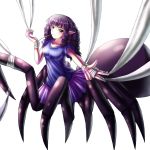  1girl breasts curly_hair greekmuscle long_hair monster_girl mouth_hold pink_eyes pointy_ears purple_hair solo spider_girl web 