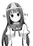  :&lt; akemi_homura blush bow head_tilt long_hair mahou_shoujo_madoka_magica monochrome object_on_head panties panties_on_head school_uniform striped striped_panties underwear yasu 