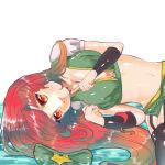 1girl black_legwear breast_squeeze breasts cleavage hat hat_removed headwear_removed hong_meiling large_breasts long_hair midriff on_side partially_submerged red_eyes redhead rog92 smile solo star thigh-highs touhou 