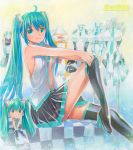  ahoge artist_name boots checkered chibi goodsmile_company green_eyes green_hair hatsune_miku high_heels long_hair mayo_riyo necktie open_clothes open_shirt shoes sitting skirt thigh-highs thigh_boots traditional_media twintails very_long_hair vocaloid 