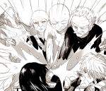  1girl 5boys bald ban_(3551702) bang_(onepunch_man) beard bombe chopsticks facial_hair food food_fight fubuki_(onepunch_man) genos king_(onepunch_man) long_hair monochrome multiple_boys mustache nabe onepunch_man saitama_(onepunch_man) short_hair 