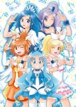  5girls aono_miki bike_shorts blonde_hair blue_eyes blue_hair bracelet brooch choker cure_berry cure_diamond cure_marine cure_rhythm cure_sunny dokidoki!_precure dress fresh_precure! frills green_eyes heart heartcatch_precure! hino_akane hishikawa_rikka jewelry kurumi_erika long_hair magical_girl manji_no_rutsubo midriff minamino_kanade multiple_girls open_mouth orange_eyes orange_hair ponytail precure purple_hair ribbon short_hair shorts_under_skirt skirt smile smile_precure! suite_precure thigh-highs tiara violet_eyes white_legwear wink wrist_cuffs 