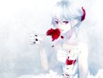 bare_shoulders dress fang flower glass nail_polish original rose spoon violet_eyes white_hair yuukichi 