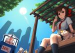  blush bow brown_eyes brown_hair building cart cat food from_below hair_bow ice_cream necktie original ponytail school_uniform sitting skirt skyscraper sun tree yoshikawa_hazure 