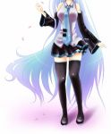  1girl breasts detached_sleeves gradient_hair hatsune_miku head_out_of_frame long_hair multicolored_hair necktie nyaa_(nnekoron) simple_background skirt solo thigh-highs very_long_hair vocaloid white_background zettai_ryouiki 