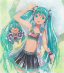  artist_name checkered chibi closed_eyes goodsmile_company green_eyes green_hair hatsune_miku long_hair mayo_riyo midriff navel open_mouth outstretched_arms racequeen skirt spread_arms thigh-highs traditional_media twintails umbrella very_long_hair vocaloid 