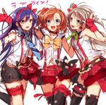  3girls bare_shoulders blue_eyes blue_hair bow brown_hair earrings feet_out_of_frame fingerless_gloves gloves grey_hair hairband jewelry kousaka_honoka love_live! minami_kotori multiple_girls murakami_yuzu necktie open_mouth side_ponytail skirt sonoda_umi thigh-highs yellow_eyes 