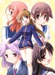  5girls blush bottomless brown_eyes brown_hair kajiki_yumi long_hair miyanaga_saki multiple_girls ponytail purple_hair saki saki_achiga-hen school_uniform serafuku shimizudani_ryuuka shoes short_hair smile sneakers sumeragi_kou takakamo_shizuno takei_hisa track_jacket 