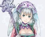  1girl blue_eyes curly_hair gloves hat head_wings melia ohse silver_hair smile solo staff xenoblade 