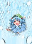  1girl absurdres aqua_hair blush closed_eyes foreshortening from_above hair_bobbles hair_ornament hat head_tilt highres kawashiro_nitori key open_hand open_mouth outstretched_arms rain ripples rubber_boots shinapuu short_hair skirt skirt_set solo splashing spread_arms strap touhou twintails walking 