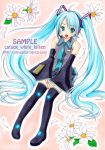  1girl ahoge artist_name blue_hair boots catsox detached_sleeves flower green_eyes hatsune_miku headset long_hair marker_(medium) necktie open_mouth sample skirt solo thigh-highs thigh_boots traditional_media twintails very_long_hair vocaloid 