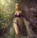  1girl bare_shoulders blonde_hair blue_eyes breasts cleavage dress forest hins lips long_hair long_sleeves nature original solo standing tree water wet 