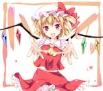  1girl ascot blonde_hair blush dress fangs flandre_scarlet hat hinooka_shuuji looking_at_viewer open_mouth red_dress red_eyes short_hair side_ponytail solo touhou wings 