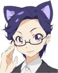  adjusting_glasses animal_ears blue_hair blush cat_ears dabyi_(dokidoki!_precure) db_(dokidoki!_precure) dokidoki!_precure earrings formal glasses jewelry precure short_hair simple_background suit umanosuke violet_eyes 